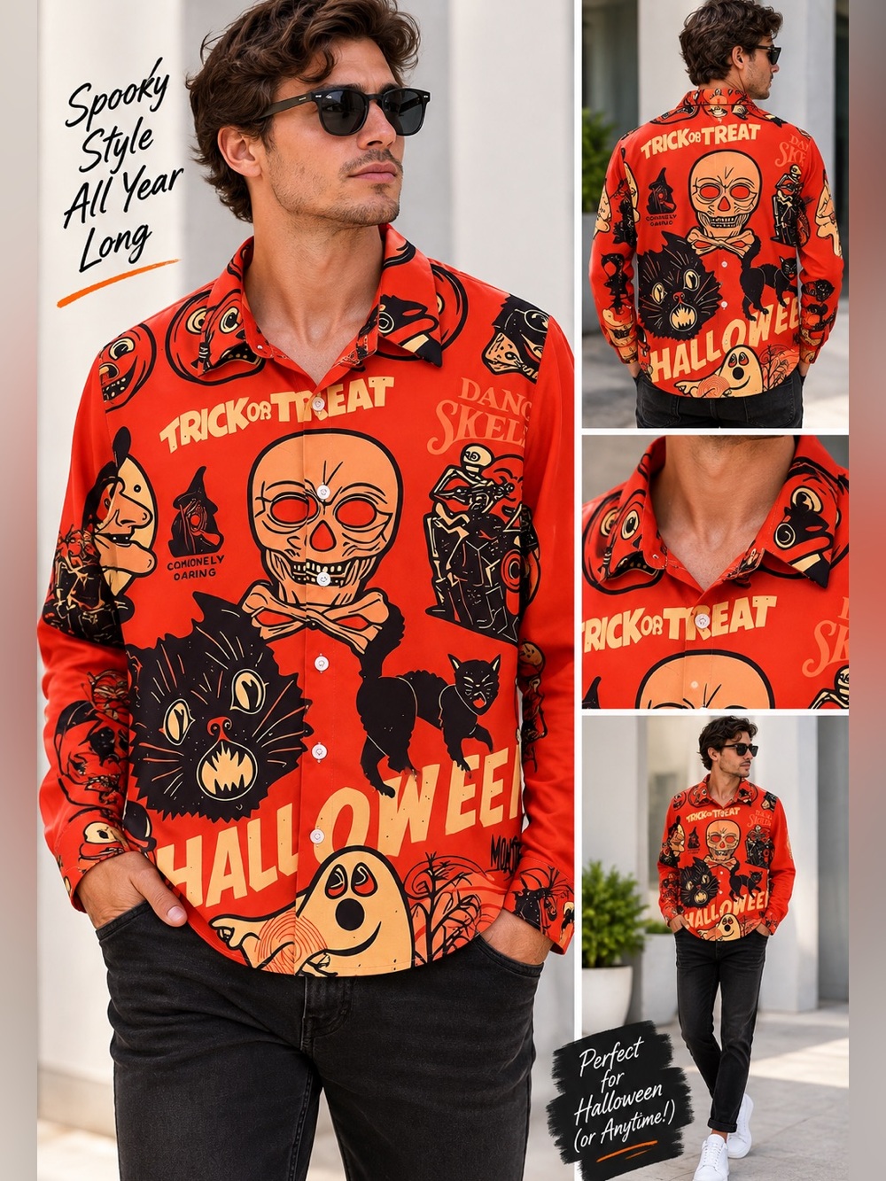 Halloween Shirt XL Unisex Vintage Style Skeleton Cat Trick or Treat